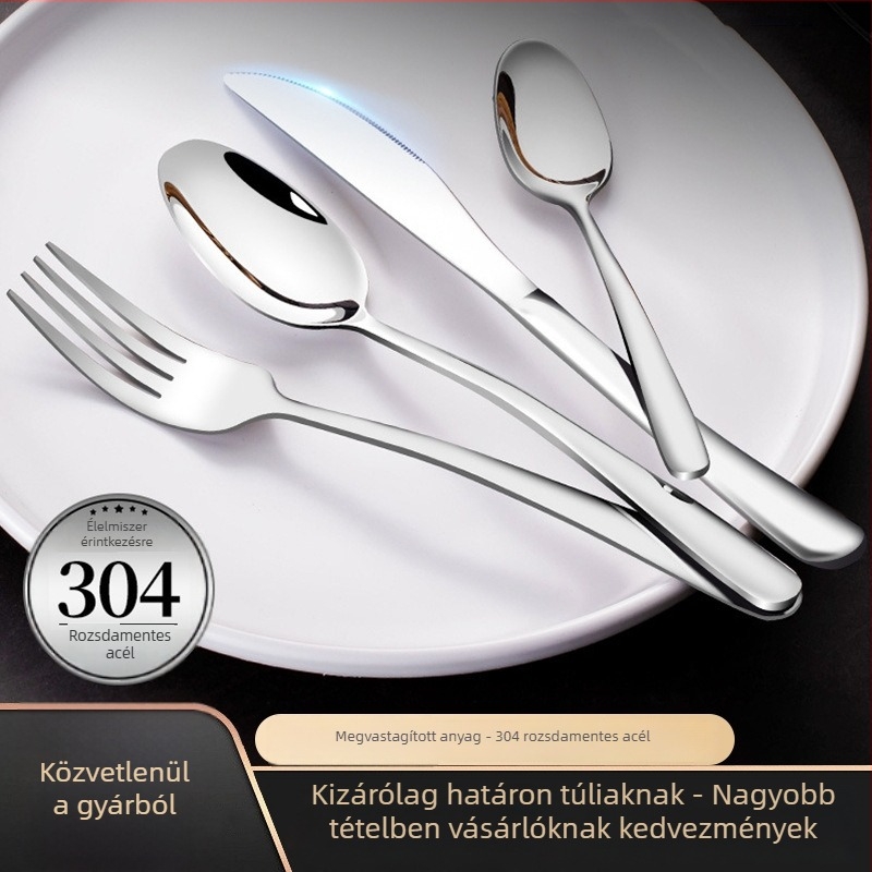 304 rozsdamentes acél evőeszköz készlet otthoni és szállodai használatra – steak kés, villa, kanál, desszertkanál, gyümölcs villa; logó nyomtatás elérhető