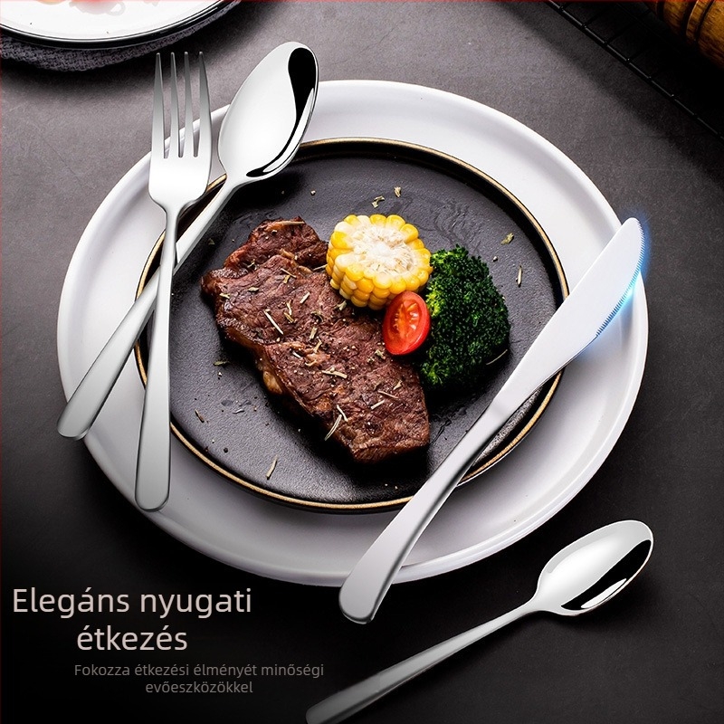 304 rozsdamentes acél evőeszköz készlet otthoni és szállodai használatra – steak kés, villa, kanál, desszertkanál, gyümölcs villa; logó nyomtatás elérhető