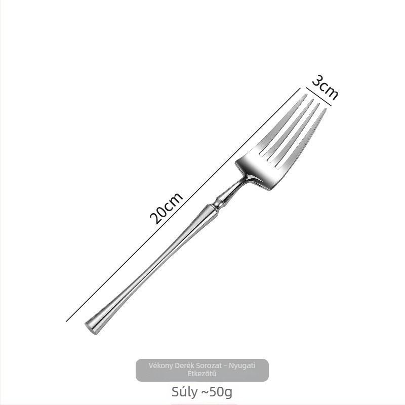 304 rozsdamentes acélból készült nyugati stílusú evőeszköz készlet, keskeny derekú steak késsel, villával, kávéskanállal és desszertes kanállal.