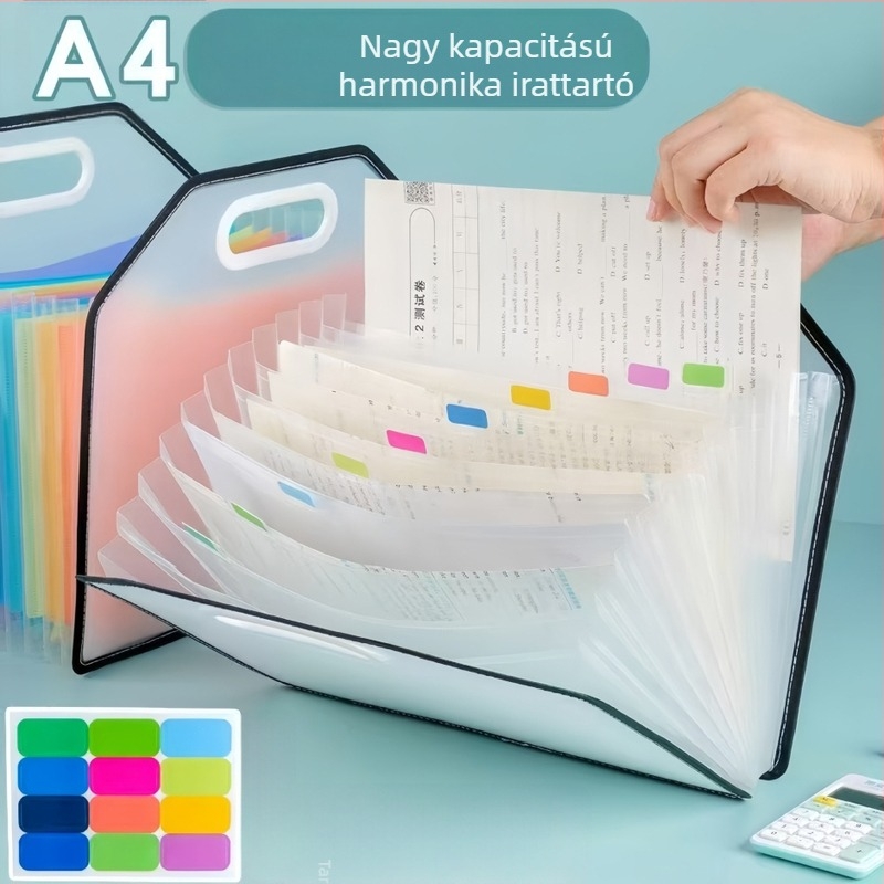 A4-es méretű, 13 rekeszes, hordozható akordion-dosszié iskolai dokumentumok és tantárgyak rendezésére