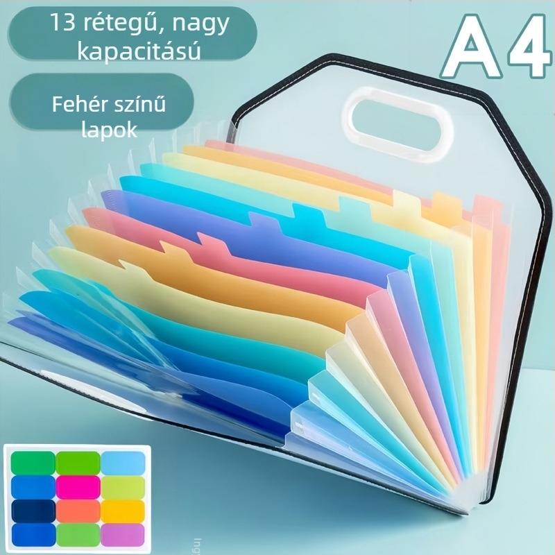 A4-es méretű, 13 rekeszes, hordozható akordion-dosszié iskolai dokumentumok és tantárgyak rendezésére