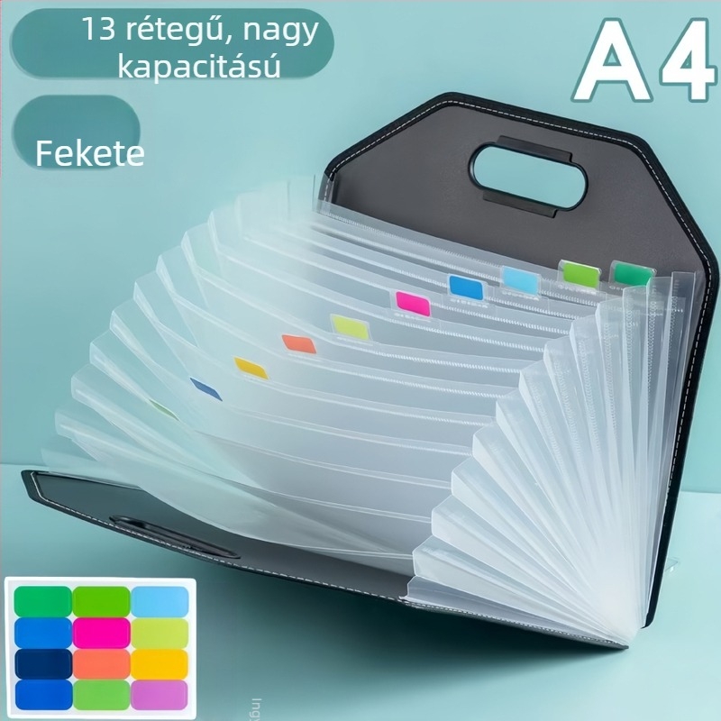 A4-es méretű, 13 rekeszes, hordozható akordion-dosszié iskolai dokumentumok és tantárgyak rendezésére