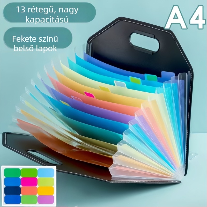 A4-es méretű, 13 rekeszes, hordozható akordion-dosszié iskolai dokumentumok és tantárgyak rendezésére
