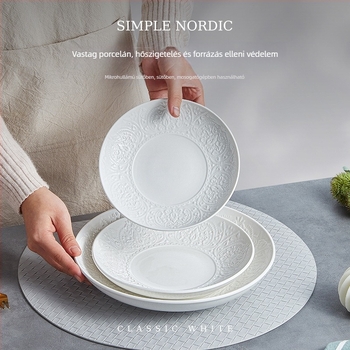 Flag Mély kör alakú porcelán étkészlet, fehér, reliefes aláfekvő felülettel, 8 colos tányérok, egyszínű