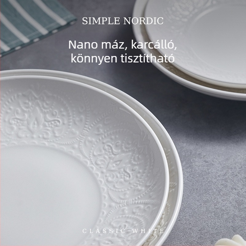 Flag Mély kör alakú porcelán étkészlet, fehér, reliefes aláfekvő felülettel, 8 colos tányérok, egyszínű