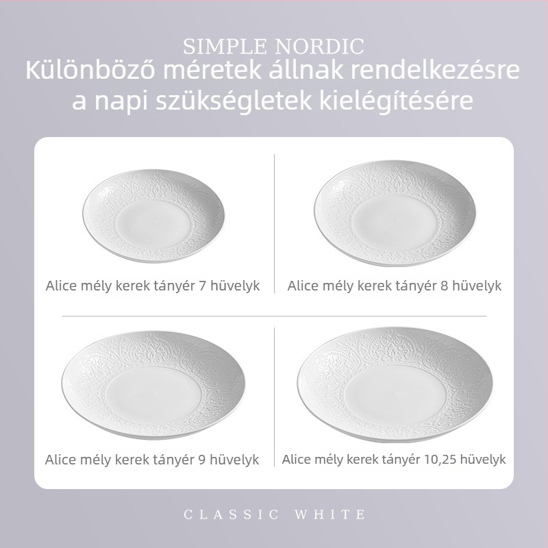 Flag Mély kör alakú porcelán étkészlet, fehér, reliefes aláfekvő felülettel, 8 colos tányérok, egyszínű