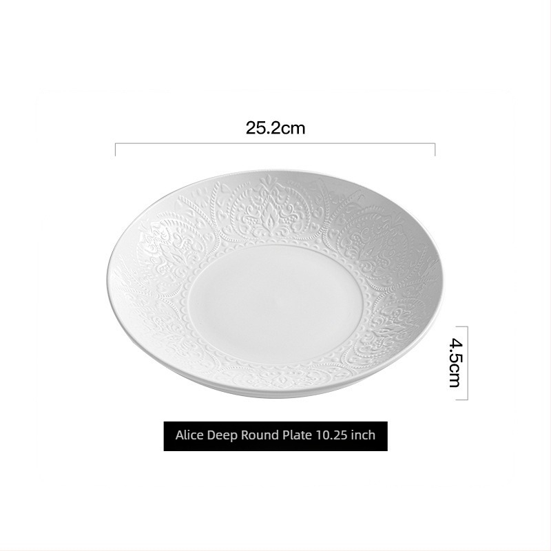 Flag Mély kör alakú porcelán étkészlet, fehér, reliefes aláfekvő felülettel, 8 colos tányérok, egyszínű