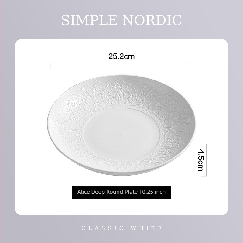 Flag Mély kör alakú porcelán étkészlet, fehér, reliefes aláfekvő felülettel, 8 colos tányérok, egyszínű