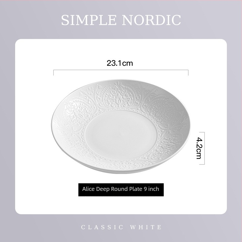 Flag Mély kör alakú porcelán étkészlet, fehér, reliefes aláfekvő felülettel, 8 colos tányérok, egyszínű