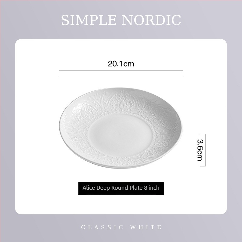 Flag Mély kör alakú porcelán étkészlet, fehér, reliefes aláfekvő felülettel, 8 colos tányérok, egyszínű