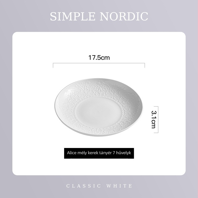 Flag Mély kör alakú porcelán étkészlet, fehér, reliefes aláfekvő felülettel, 8 colos tányérok, egyszínű