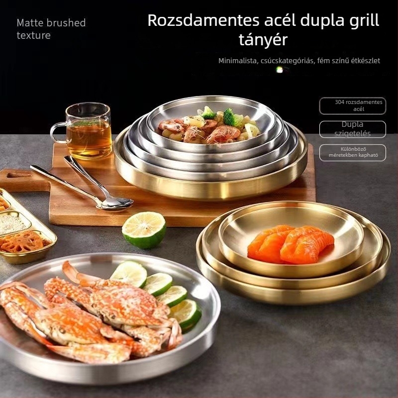 304 rozsdamentes acél, kétszintes grill tál, arany színű, égési védelem, élelmiszer-előkészítő tál, kerek formájú, steakhez és nyugati konyhához