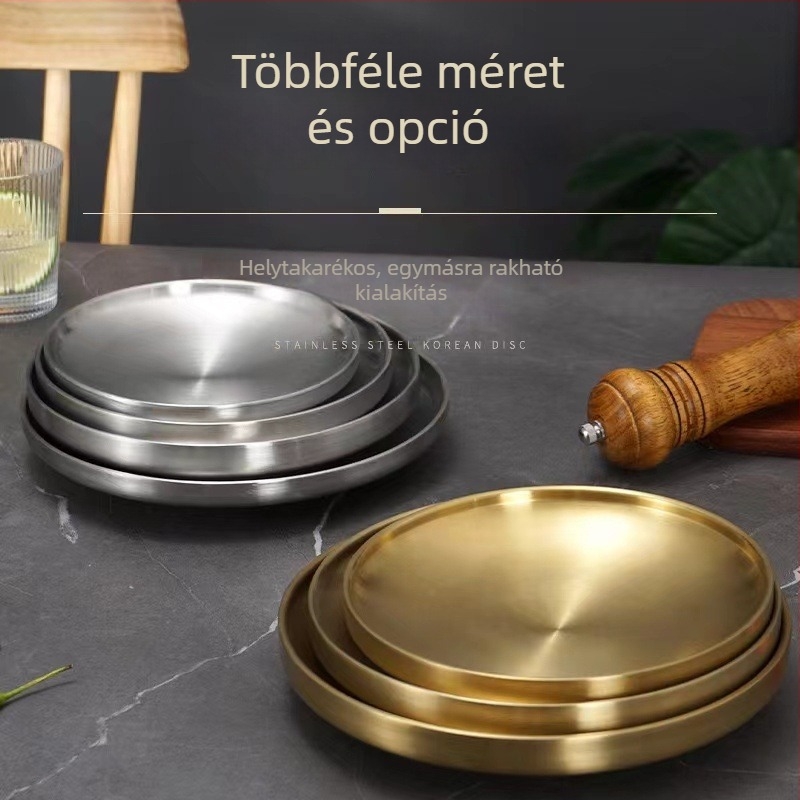 304 rozsdamentes acél, kétszintes grill tál, arany színű, égési védelem, élelmiszer-előkészítő tál, kerek formájú, steakhez és nyugati konyhához