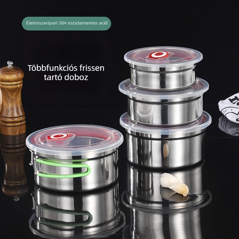 304 rozsdamentes acél étel tároló doboz szilikon fedővel, zárható, kör alakú, 800-1000 ml, hűtőben tárolható