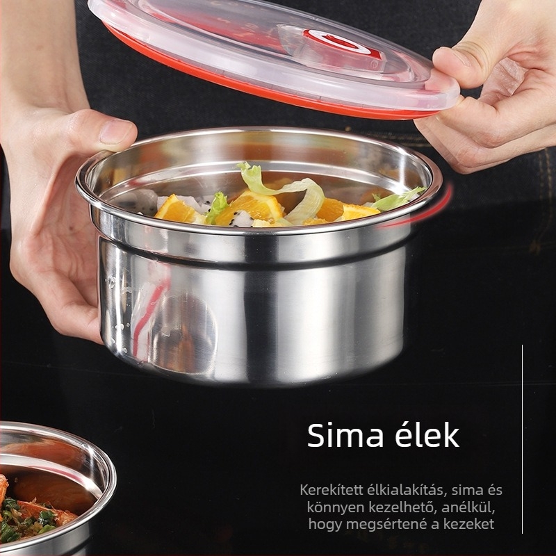 304 rozsdamentes acél étel tároló doboz szilikon fedővel, zárható, kör alakú, 800-1000 ml, hűtőben tárolható