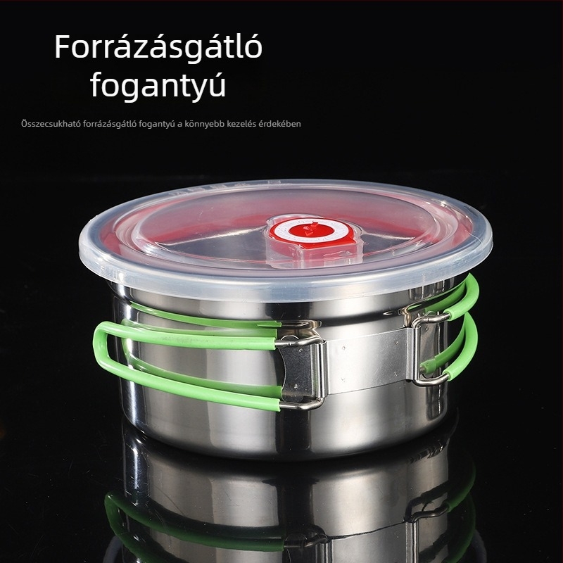304 rozsdamentes acél étel tároló doboz szilikon fedővel, zárható, kör alakú, 800-1000 ml, hűtőben tárolható