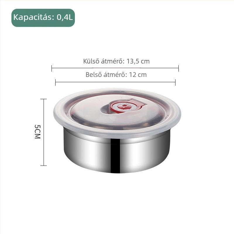 304 rozsdamentes acél étel tároló doboz szilikon fedővel, zárható, kör alakú, 800-1000 ml, hűtőben tárolható