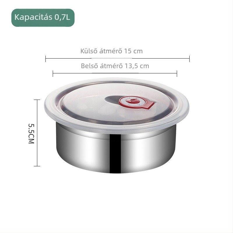 304 rozsdamentes acél étel tároló doboz szilikon fedővel, zárható, kör alakú, 800-1000 ml, hűtőben tárolható