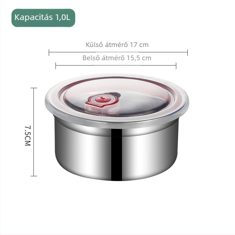 304 rozsdamentes acél étel tároló doboz szilikon fedővel, zárható, kör alakú, 800-1000 ml, hűtőben tárolható