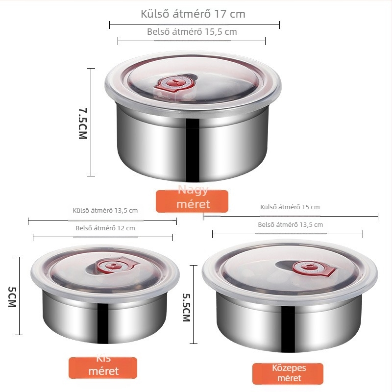 304 rozsdamentes acél étel tároló doboz szilikon fedővel, zárható, kör alakú, 800-1000 ml, hűtőben tárolható