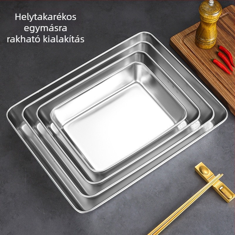 Rozsdamentes acél téglalap alakú tál fedővel, szállodai és éttermi használatra, hideg ételekhez, japán stílus.