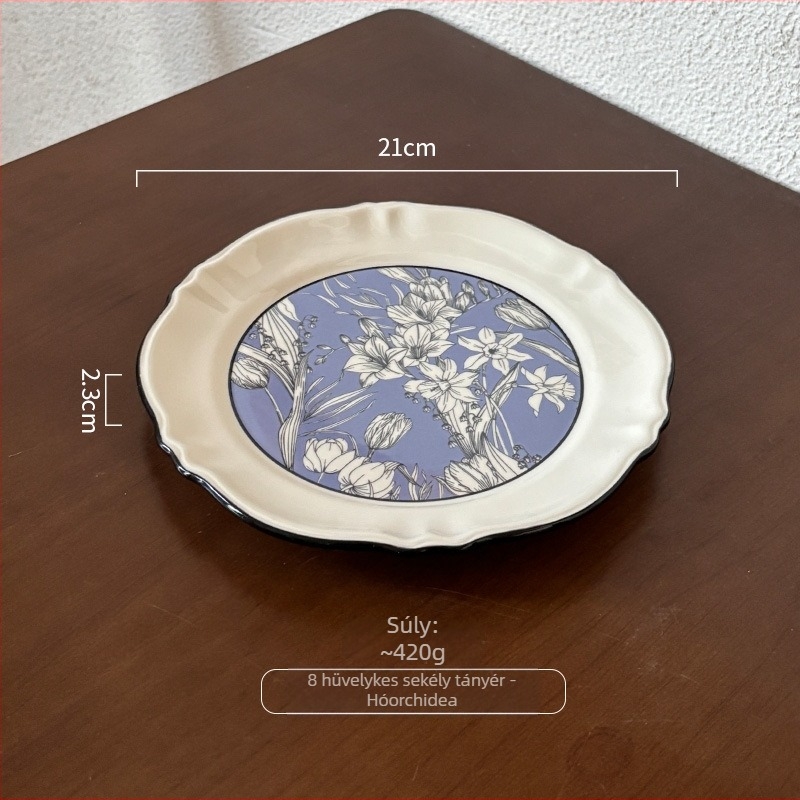 Retro virágos porcelán tányér – lapos tányér háztartási használatra, virágos mintával, reggelire, desszertekhez és süteményekhez