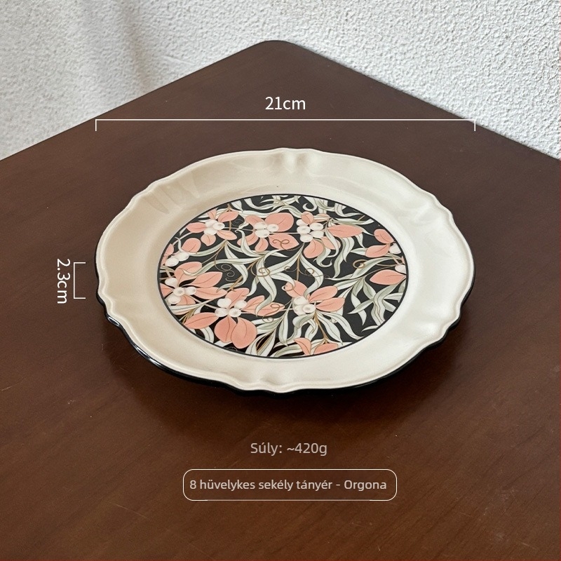 Retro virágos porcelán tányér – lapos tányér háztartási használatra, virágos mintával, reggelire, desszertekhez és süteményekhez