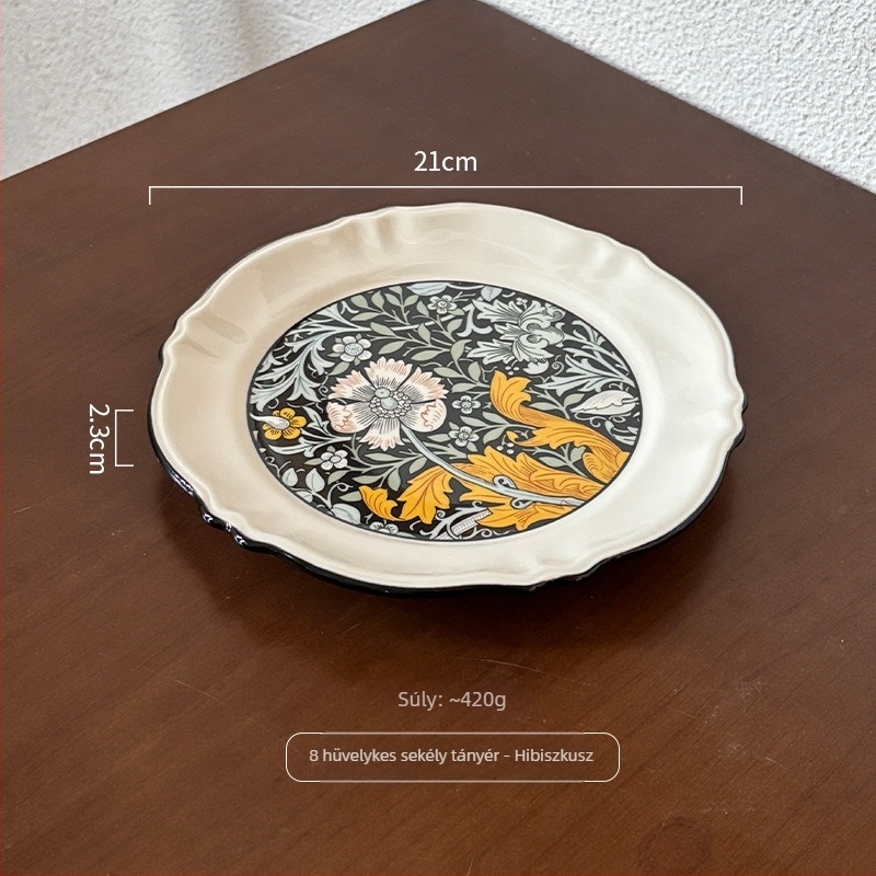 Retro virágos porcelán tányér – lapos tányér háztartási használatra, virágos mintával, reggelire, desszertekhez és süteményekhez