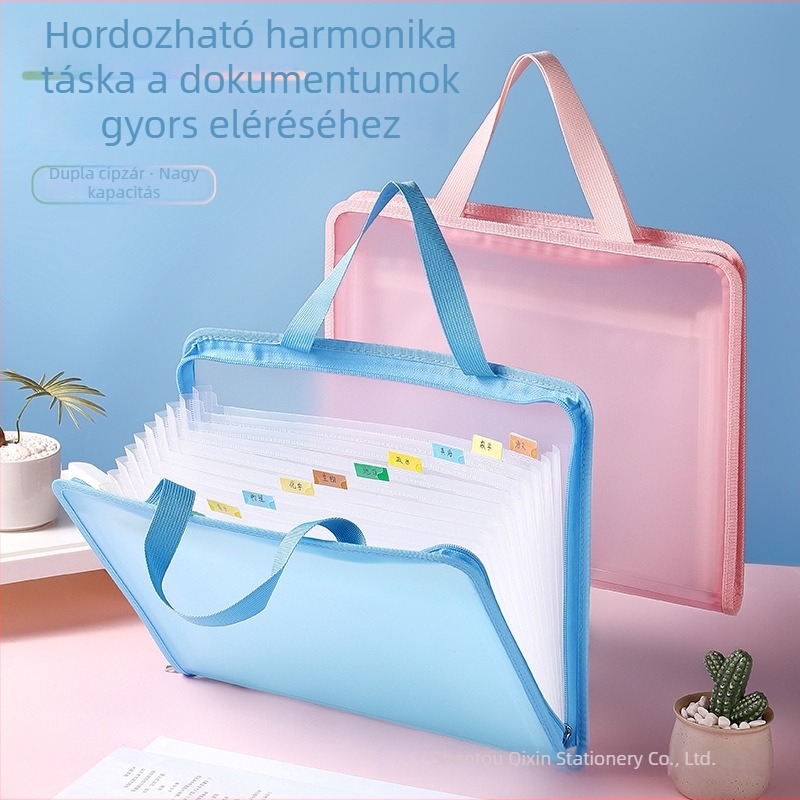 A4-es akordion mappa cipzárral, hordozható irodai dokumentumtáska, 13 rekesz, nagy kapacitású tesztlapok tárolására