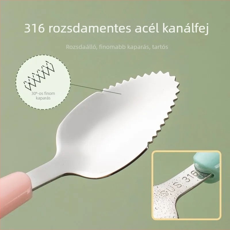 316 élelmiszer-minőségű rozsdamentes acél baba kanál szilikon fejjel, elegáns gyerek kanál gyümölcspüréhez és etetőeszközök