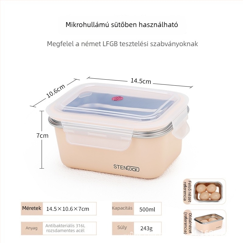 Rozsdamentes acélból készült szigetelt ebédes doboz, mikrohullámú sütőben használható, irodai dolgozók számára, frissen tartja az ételeket.