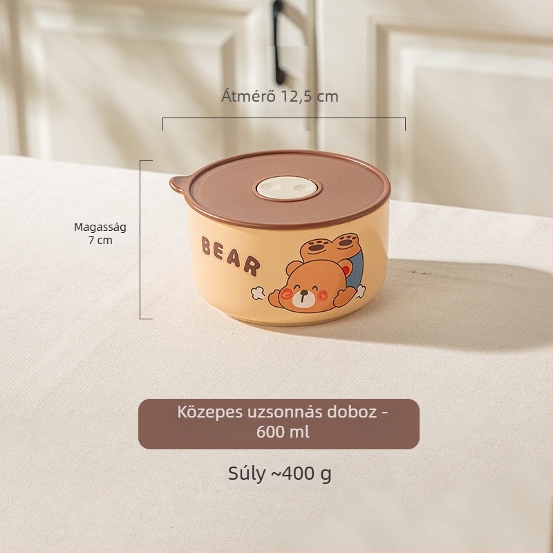 Kerámia termoszos ebédes doboz irodai dolgozók számára, mikróhöz használható, kör alakú kerámia ebédes doboz fedéllel, aranyos rajzolt medve minta, 800-1000 ml