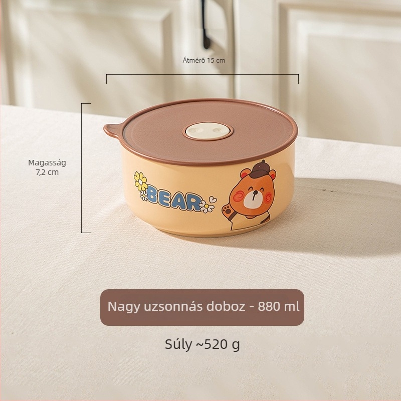 Kerámia termoszos ebédes doboz irodai dolgozók számára, mikróhöz használható, kör alakú kerámia ebédes doboz fedéllel, aranyos rajzolt medve minta, 800-1000 ml