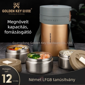 Golden Key 304 rozsdamentes acél szigetelt ebédes doboz, többszintes kivitelben, egy személyre hordozható, ideális diákok számára