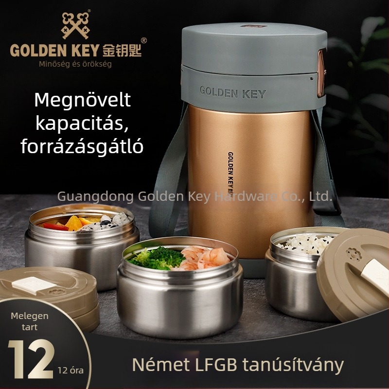 Golden Key 304 rozsdamentes acél szigetelt ebédes doboz, többszintes kivitelben, egy személyre hordozható, ideális diákok számára