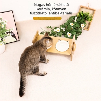 Kerámia és fa macska etető tál, felborulás elleni, 2 az 1-ben kialakítás nyaki támasz