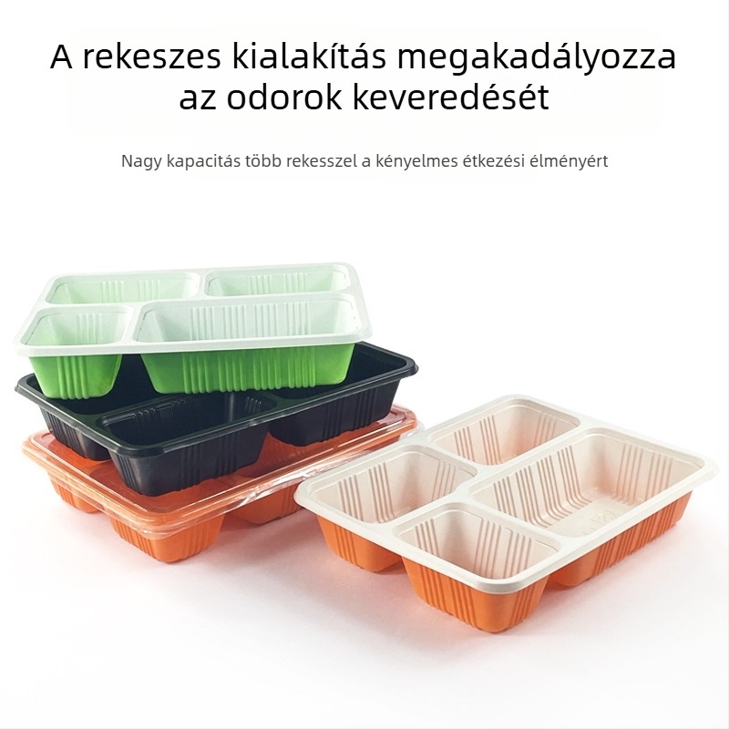 Egyszer használatos négyrészes téglalap alakú ebédes doboz fedővel, műanyagból, mikrózható