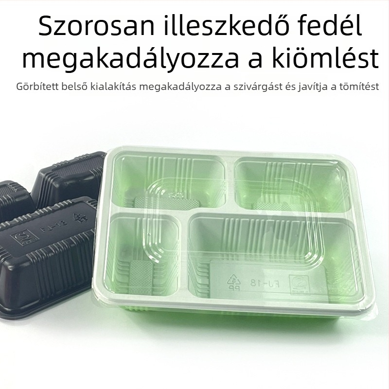 Egyszer használatos négyrészes téglalap alakú ebédes doboz fedővel, műanyagból, mikrózható