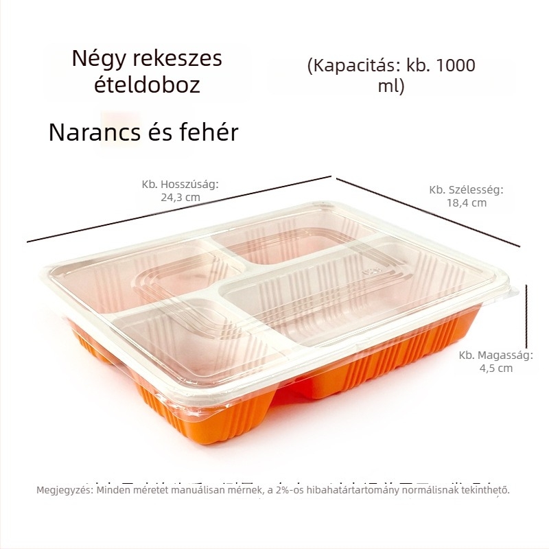 Egyszer használatos négyrészes téglalap alakú ebédes doboz fedővel, műanyagból, mikrózható