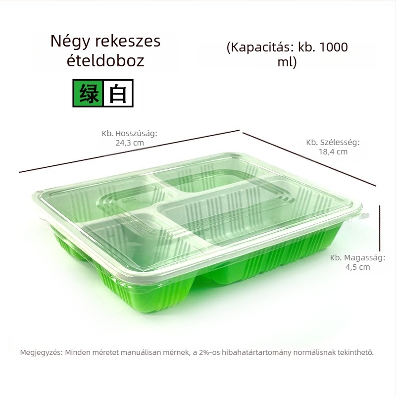 Egyszer használatos négyrészes téglalap alakú ebédes doboz fedővel, műanyagból, mikrózható