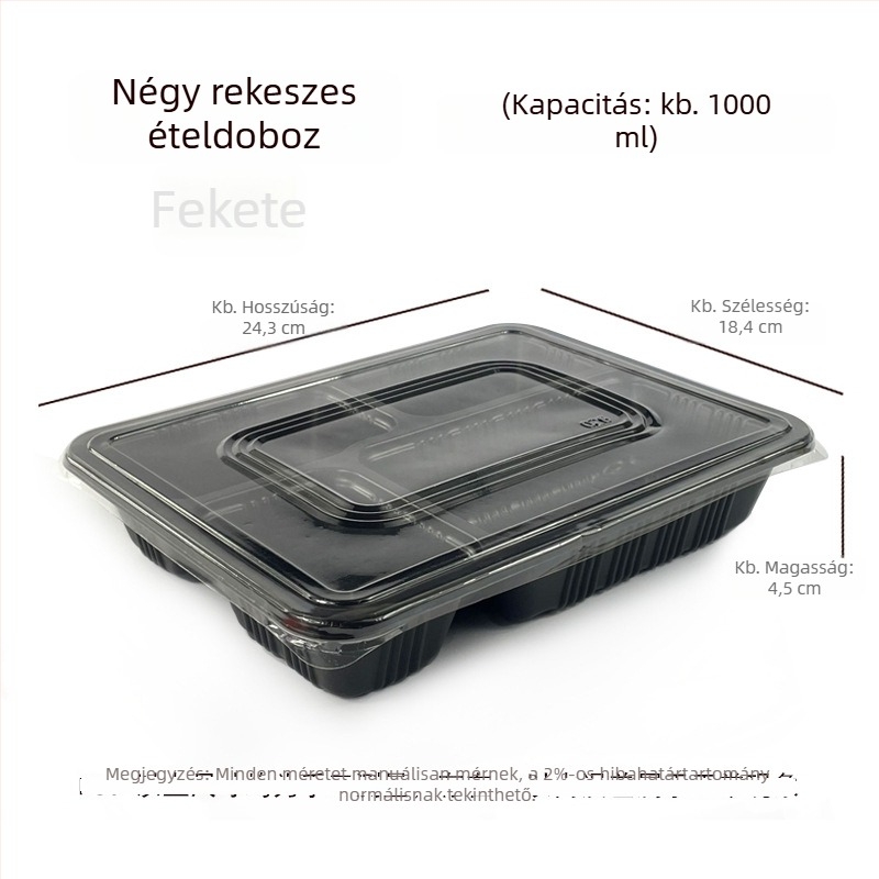 Egyszer használatos négyrészes téglalap alakú ebédes doboz fedővel, műanyagból, mikrózható