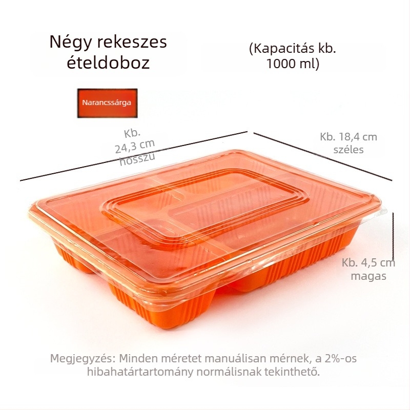 Egyszer használatos négyrészes téglalap alakú ebédes doboz fedővel, műanyagból, mikrózható