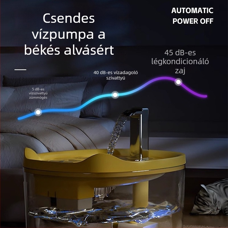 Macska automata vízadagoló folyamatos áramlású vízzel a száradás megelőzésére; cirkuláló vízű itató