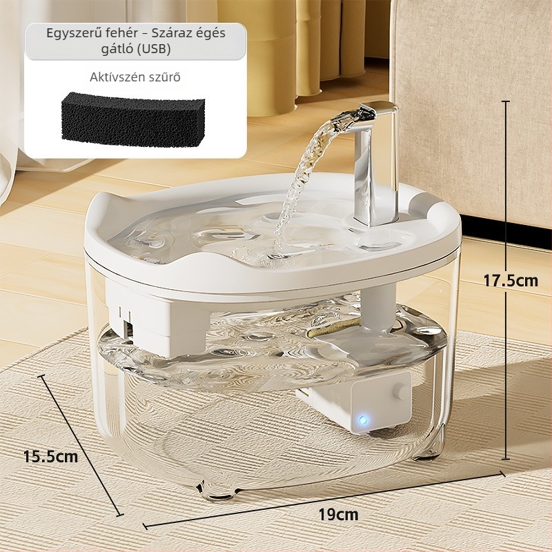 Macska automata vízadagoló folyamatos áramlású vízzel a száradás megelőzésére; cirkuláló vízű itató