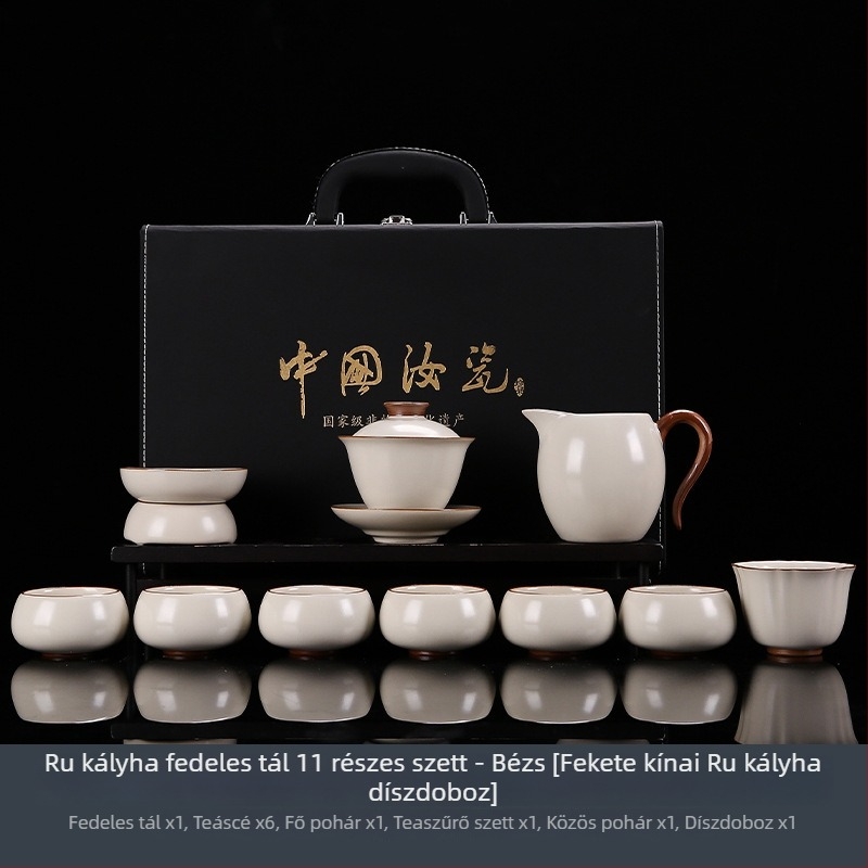 Ru Kiln Ge Ware Gongfu teáskészlet prémium ajándékdobozban, fedeles csészékkel, testreszabható logó