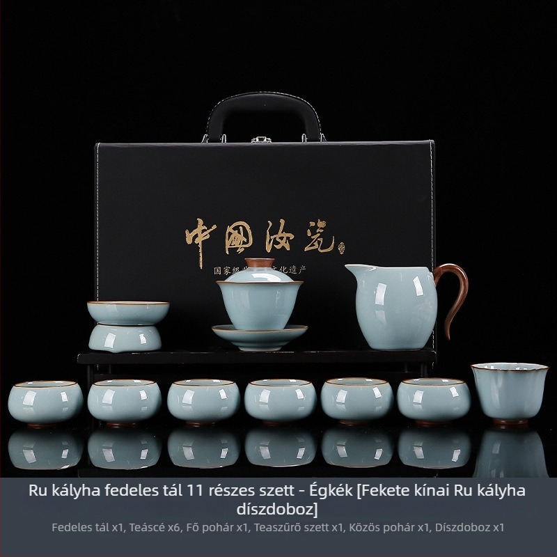 Ru Kiln Ge Ware Gongfu teáskészlet prémium ajándékdobozban, fedeles csészékkel, testreszabható logó