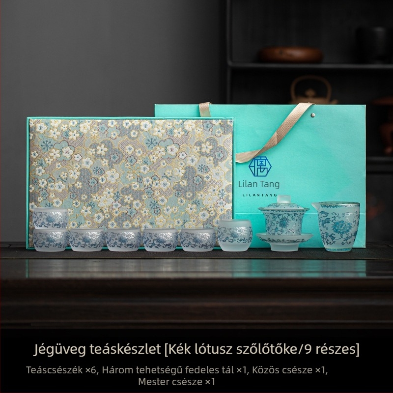 Jégkristály üveg teáskészlet otthonra – prémium fedővel tálas készlet poharakkal, díszdobozban