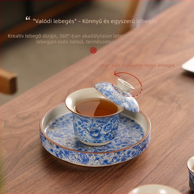 Ru Kiln kék-fehér porcelán fedeles teás tál készlet, otthoni használatra, kiváló minőségű kerámia teáskészlet