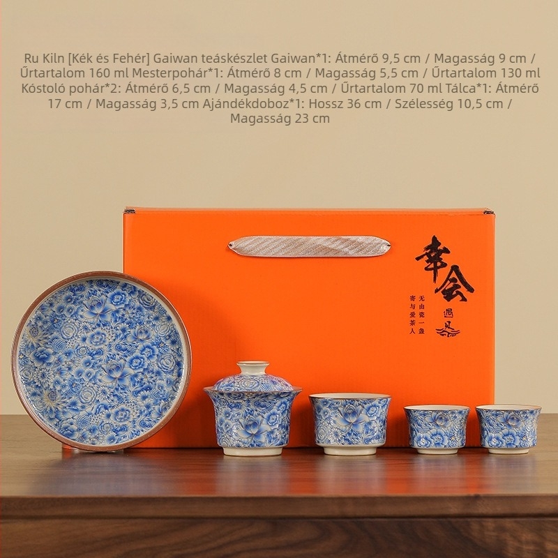 Ru Kiln kék-fehér porcelán fedeles teás tál készlet, otthoni használatra, kiváló minőségű kerámia teáskészlet