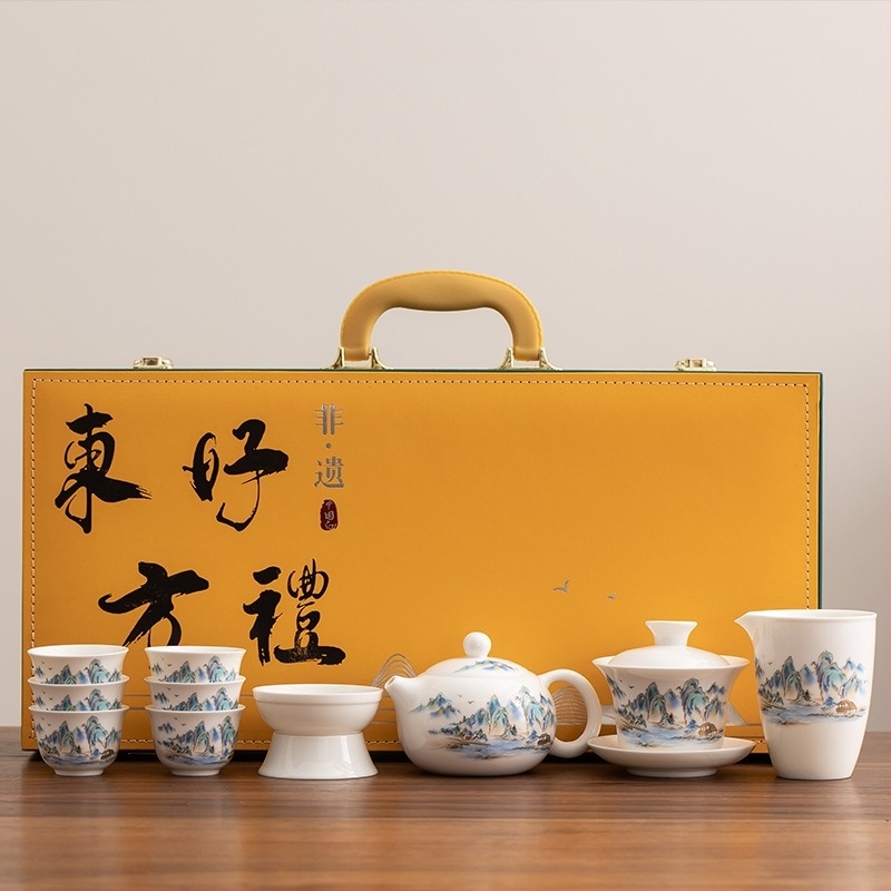 Fehér Dehua porcelán Kung Fu teáskészlet teával és fedeles tálakkal, hat személyre, elegáns ajándék
